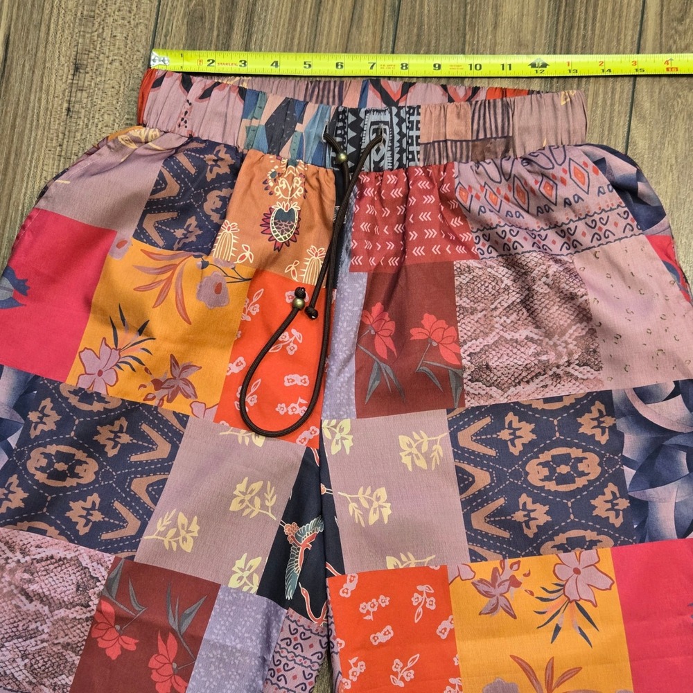 Patchwork Print Wide Leg Pants Multicolor Boho Elastic Waist Drawstring Large - Picture 5 of 10